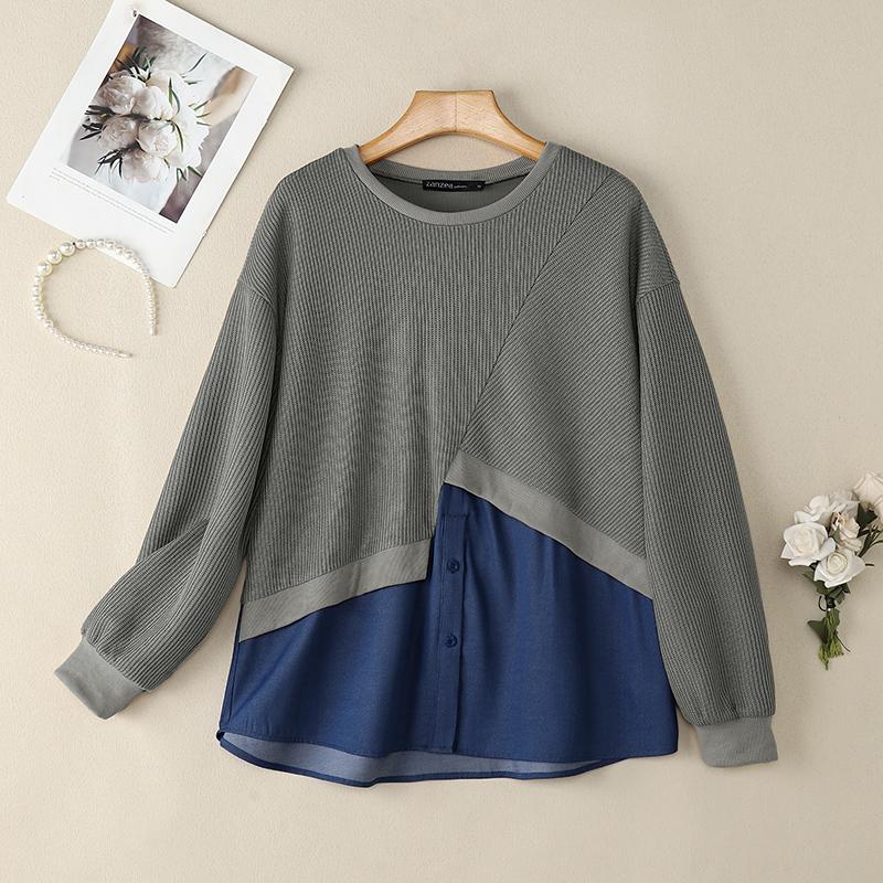 ZANZEA Women Round Neck Long Sleeve Casual Patchwork Pullover Sweatshirt