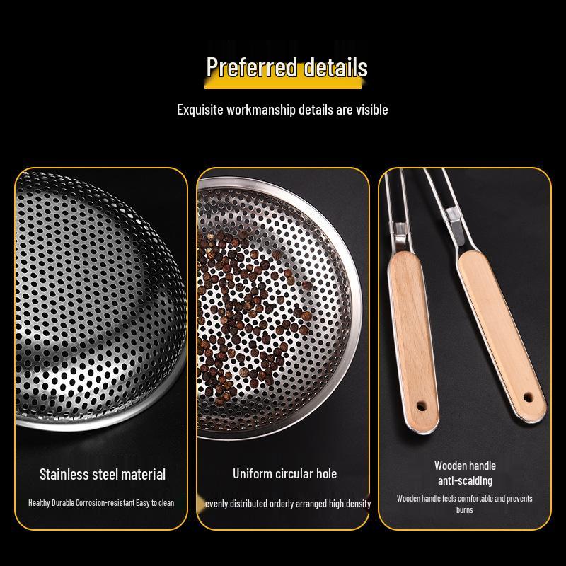 Wooden Handle Stainless Steel Perforated Oil Skimmer Ladle for Dumplings and Noodles - Thickened Frying Spoon Strainer.