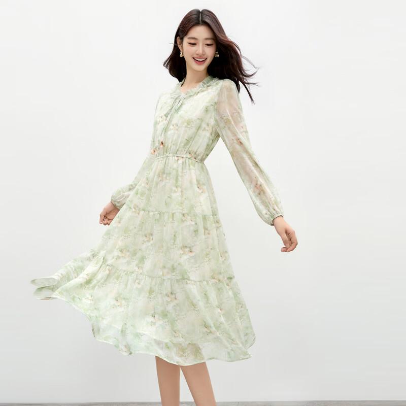 Elegant Ruffle Collar Printed A-Line Dress L