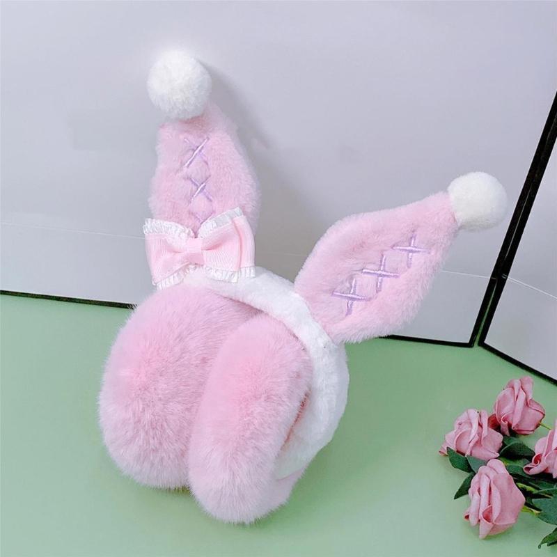 Girls Lovely Bunny Ear Shape Ear Warmer Stuffed Earmuff Warm Plush Winter Earwarmer with Bowknot Decor for Children