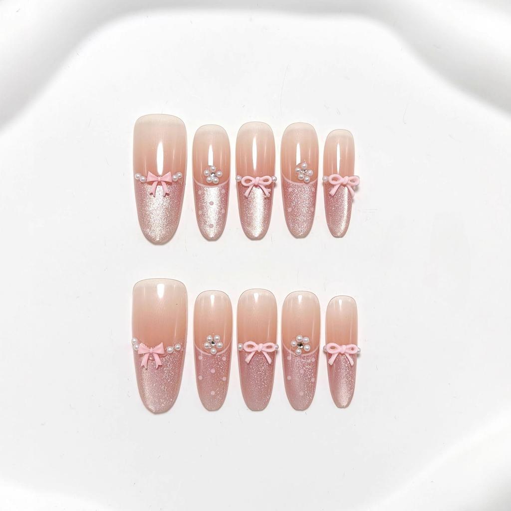 Romantic Cat-eye Peach Pink French Manicure Patches Pearl Bow Love Wear Manicure 10 Pieces Of Manicure