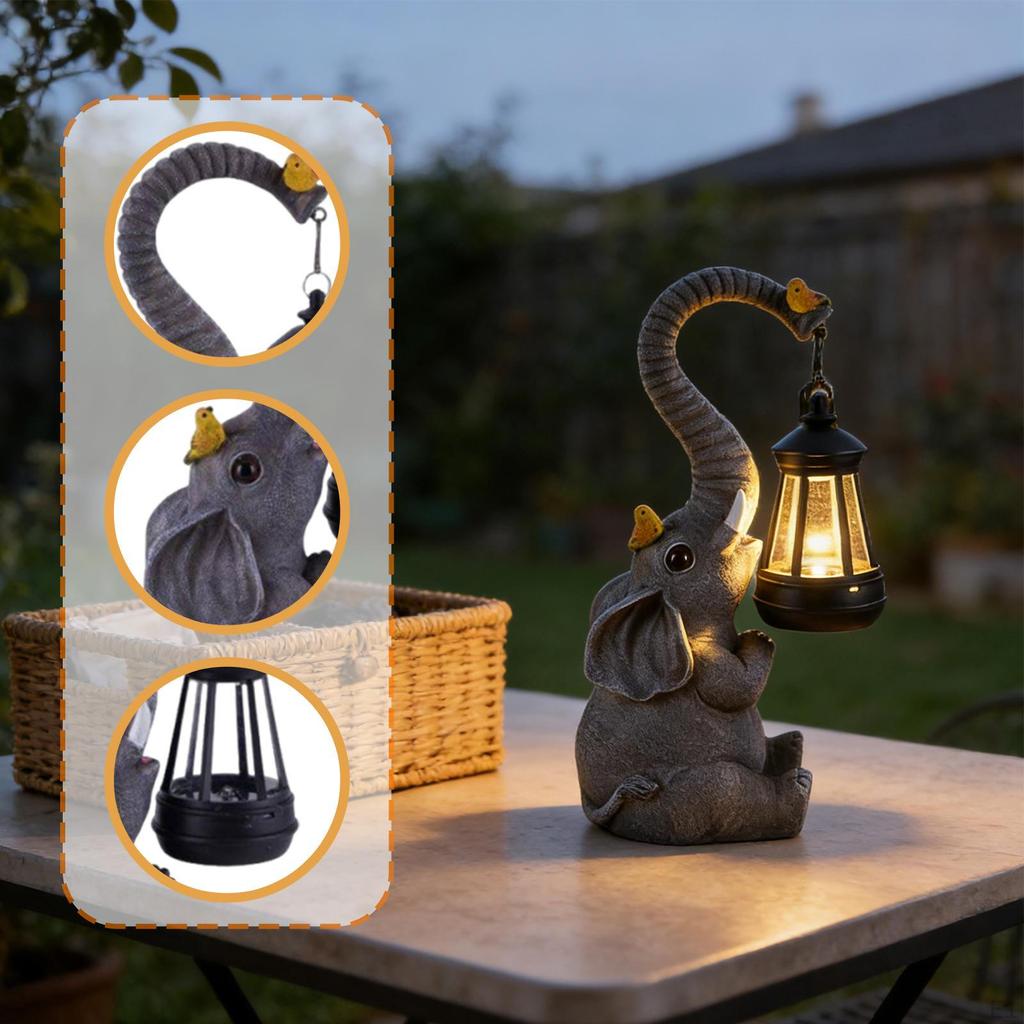 Elephant Outdoor Garden Statue Ornament with Solar Lantern Resin Craft Lovely Landscape Lamp
