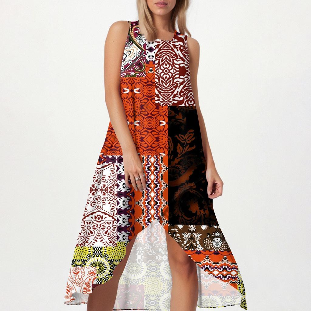 Women's Loose Casual Fashion Square Round Neck Solid Color Dress Beach Skirt Slit Side Sleeveless Cotton And Linen Skirt