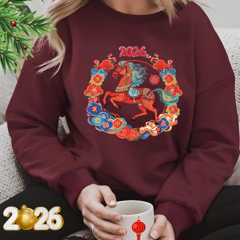 2026 Year of the Horse hooded shirt, Chinese zodiac sportswear, Lunar New Year gift, Asian festival lucky horse sweater, oriental art