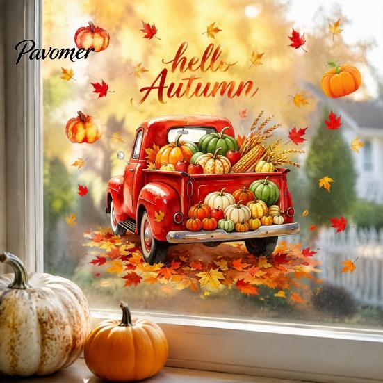 Removable Glass Stickers Autumn Harvest Window Clings, Decorative Static Sticker for Thanksgiving Home Shop Reusable Decals Decor, PVC Maple