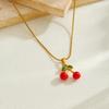 Set de Joyería de Cereza de Acero Inoxidable Chapado en Oro (Collar y Pendientes de Aro) para Mujer, Colgante de Fruta Esmaltada