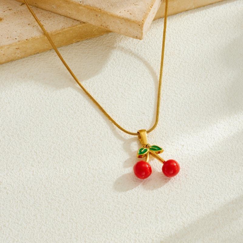 Set de Joyería de Cereza de Acero Inoxidable Chapado en Oro (Collar y Pendientes de Aro) para Mujer, Colgante de Fruta Esmaltada