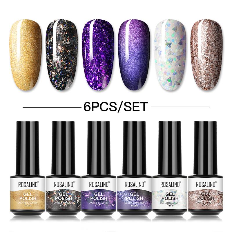 ROSALIND 6pcs/lot Nail Polish Set Nude Blue Glitter Gel Nail Polish Semi Permanent Hybrid Varnish Nail Lacquer Gel Polish
