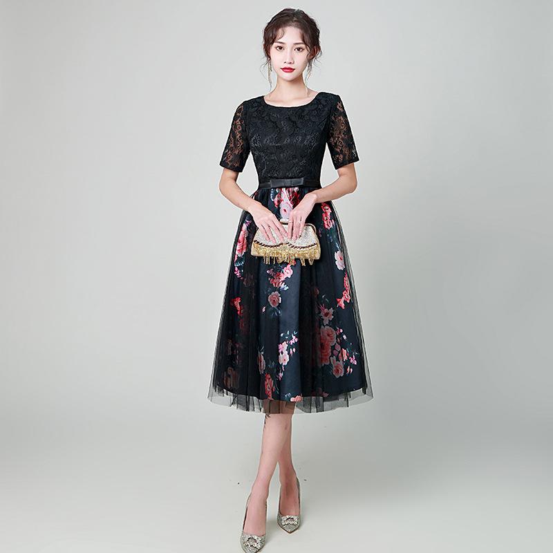 

Retro printed evening dress medium and long year-old new thin five-quarter-sleeved foreign trade dress XXXL