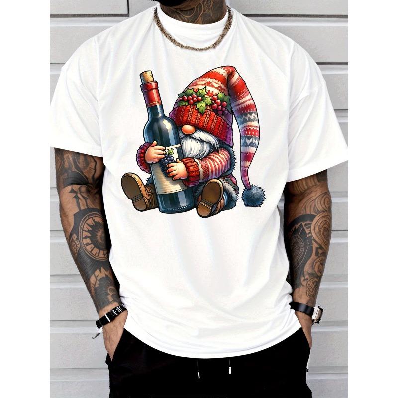 European Sizes Men'S Christmas Gnome & Wine Bottle Graphic T-Shirt - Red Holiday Tee with Santa Hat