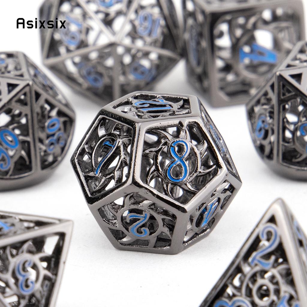 7 bucăți, negru, albastru, rotativ, zaruri metalice, zaruri metalice poliedrice goale, potrivite pentru jocuri de rol RPG, jocuri de cărți