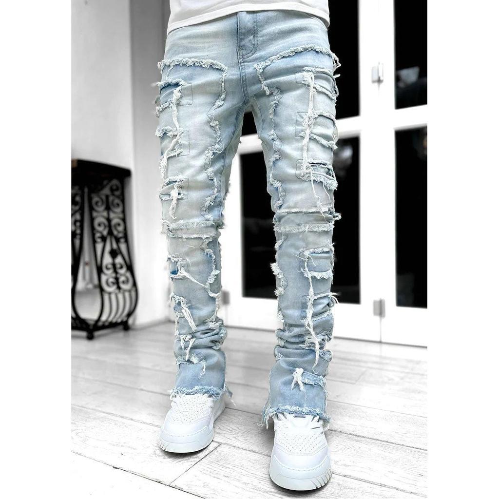 European & American Fashion Men's Straight-Leg Jeans with Tassel Patches