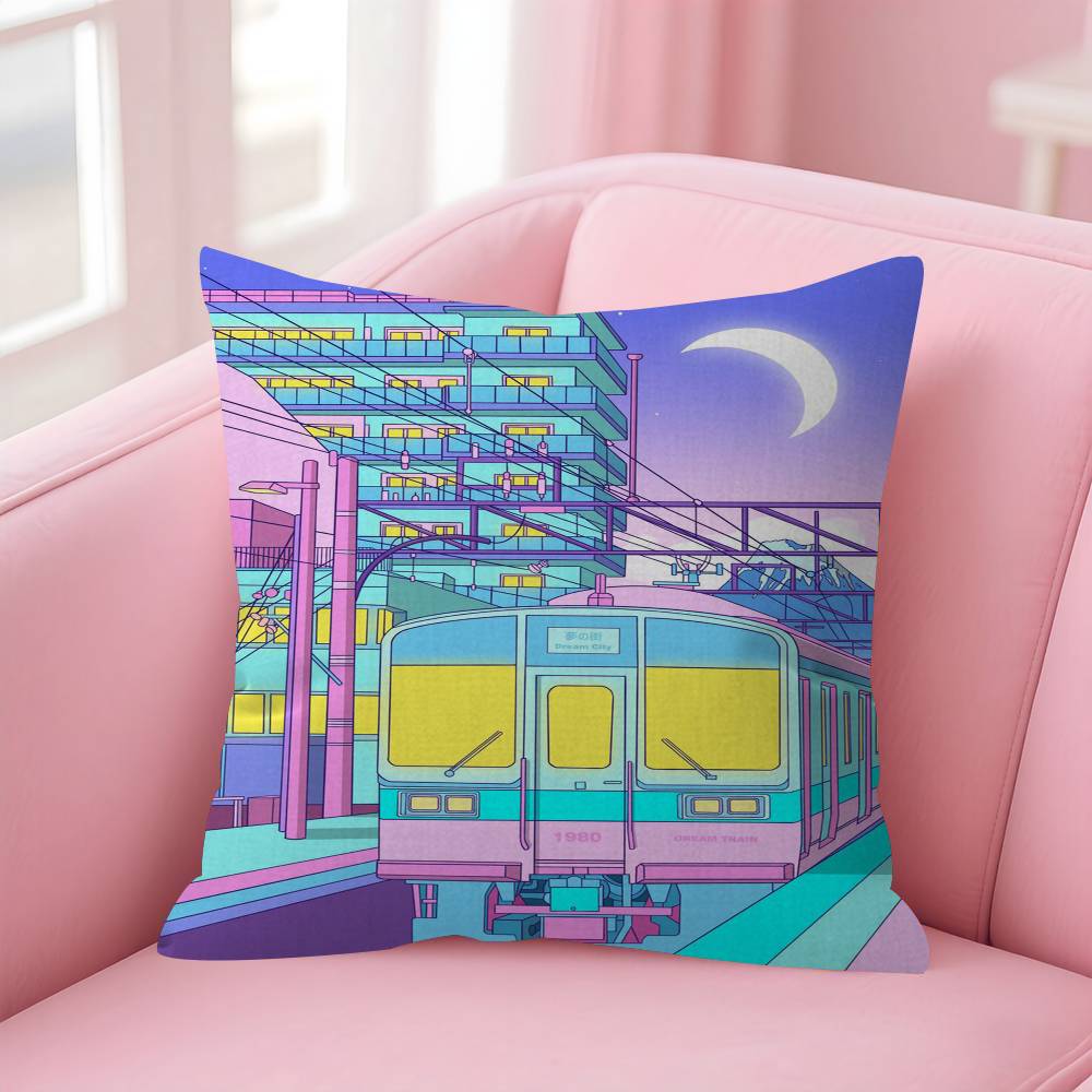 Japanese Street Train Scenery Sakura Cushion Cover Pillow Cover Decor Pillowcase Printed Cushion Case For Couch