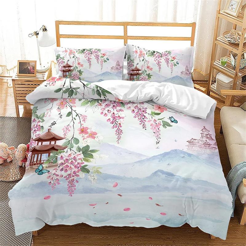 Spring Flowers Duvet Cover Pink Sakura Girls Cherry Blossoms Quilt Cover Floral Polyester for Women Kids for Bedroom Decorations