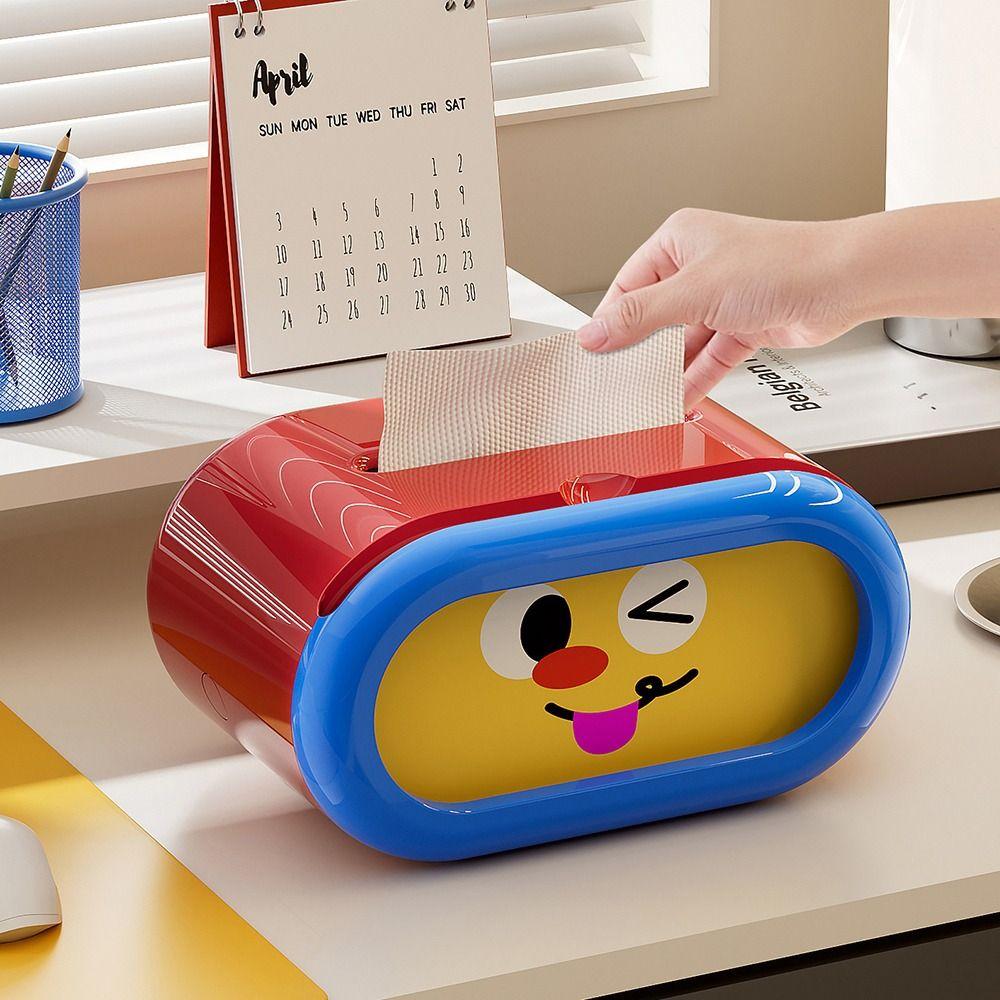 Large-Capacity Cartoon Tissue Box Pull-Out Design Interchangeable Expression Desktop Tissue Case Built-in Spring Space-saving