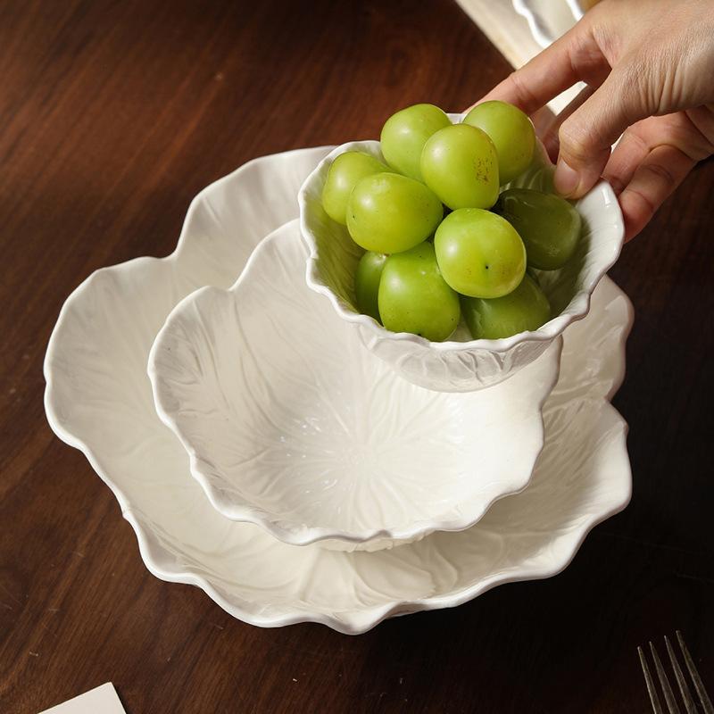 Nordic Luxury Flower Ceramic Dinner Plates White Creative Cabbage Relief Tableware Fruit Vegetable Salad Bowl Large Soup Bowls