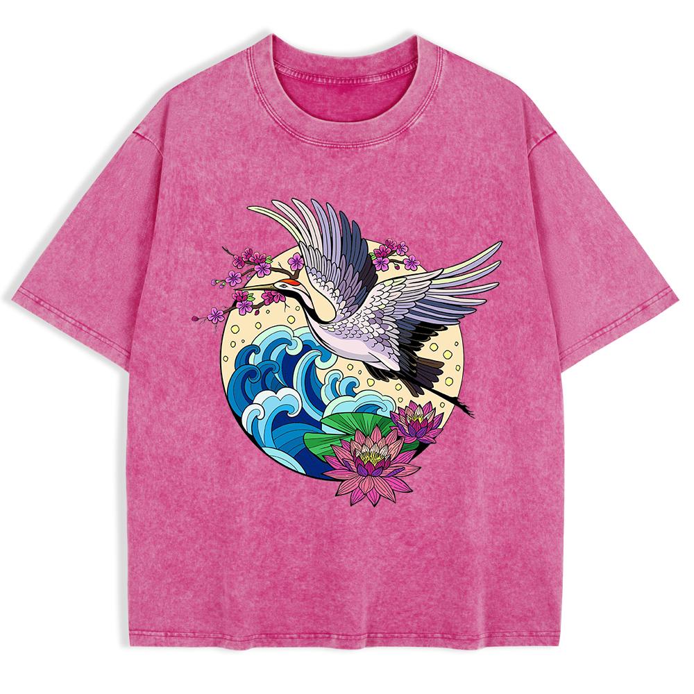 Gru Godono di Fiori Fioriti Magliette Lavate Uomo Cotone Oversize Maglietta Casual Girocollo Manica Corta Top Abbigliamento