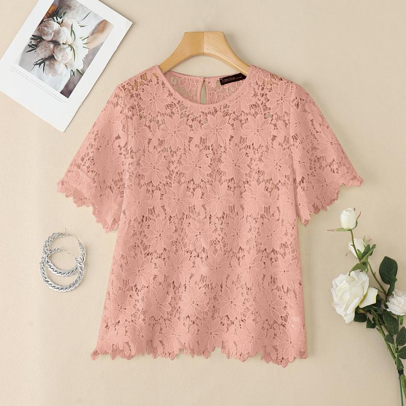 ZANZEA Women Casual Round Neck Hollow Out Lace Short Sleeve Blouse