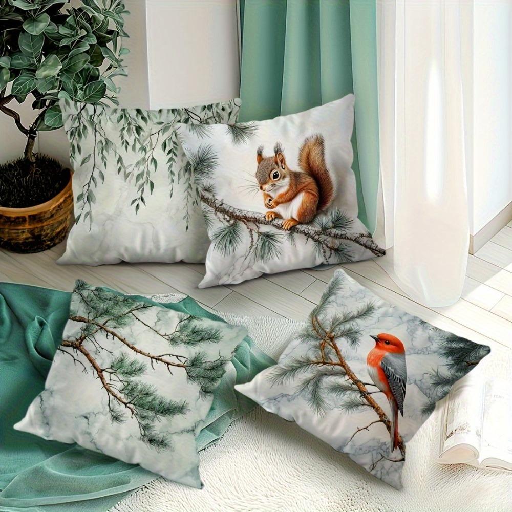 Whimsical Forest Animal Pillowcase: Squirrel & Bird With Pine Willow Pattern Cushion Cover For Fresh Sofa Living Room Home Decor