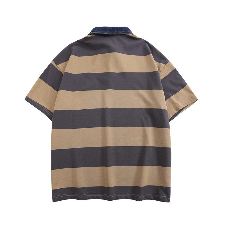 Splicing Contrasting Color Striped Short-Sleeved Polo Shirt Men'S American Retro Design Loose Bf Style Casual Couple Top