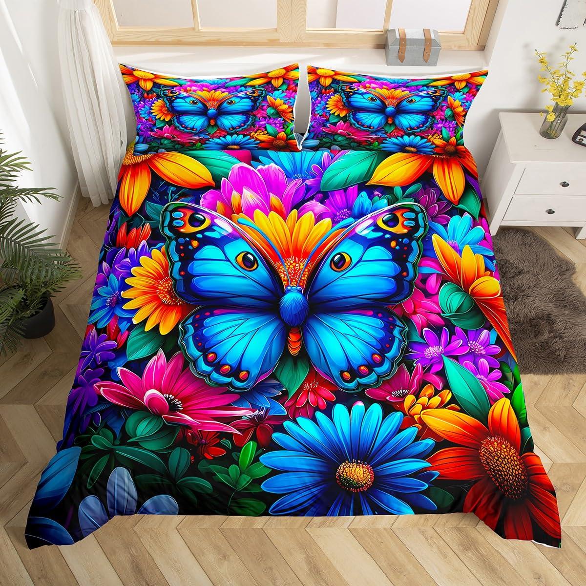 

Butterfly Duvet Cover Blue Butterflies Bedding Set Girls Flying Butterfly Comforter Cover Animal Quilt Cover with 2 Pillow Case EU Single(135x200cm)