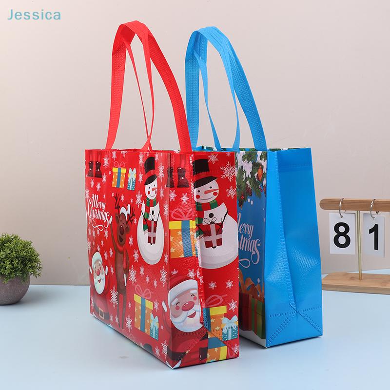 10Pcs Christmas Reusable Tote Bag - Santa/Reindeer/Snowman Print Shopping Bag For Holiday Gift Wrapping & Daily Use