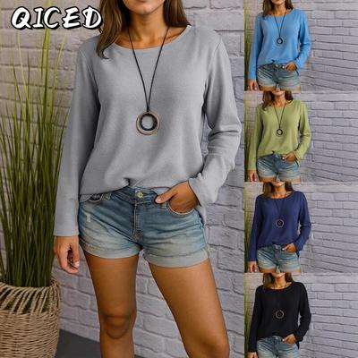 Women's Fashion Casual Solid Color Print Long Sleeve O-Neck  Blouses & Shirts