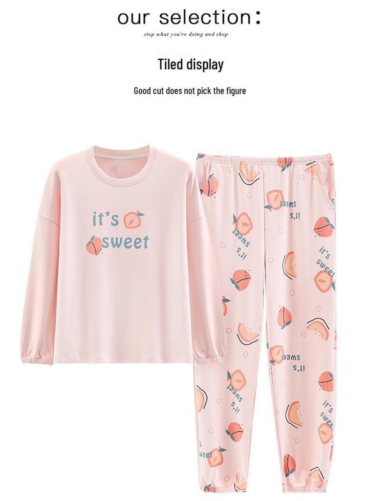 Women's Cartoon Cotton Pajama Set – Long Sleeve, Long Pants, Casual Wear for Spring & Autumn, Wearable Outdoors, Two-Piece.