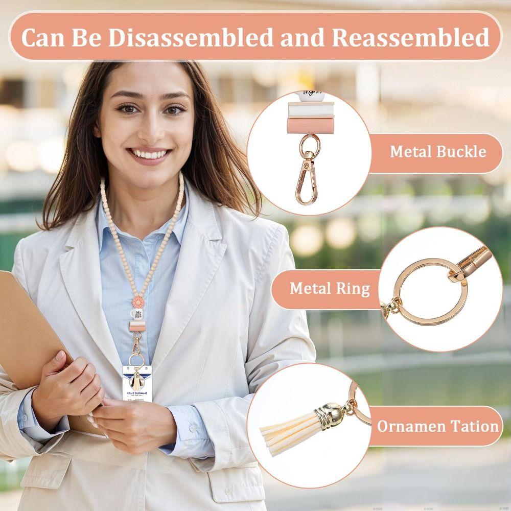 Wood Teacher Lanyard Pink Daisy Beads ID Holder Strap Fashion String for ID Badges  Keys