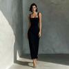Women's Sleeveless Square Neck Midi Dress Fitted Waist Solid Strap Design Elegant Casual Party Wear for Summer and Spring