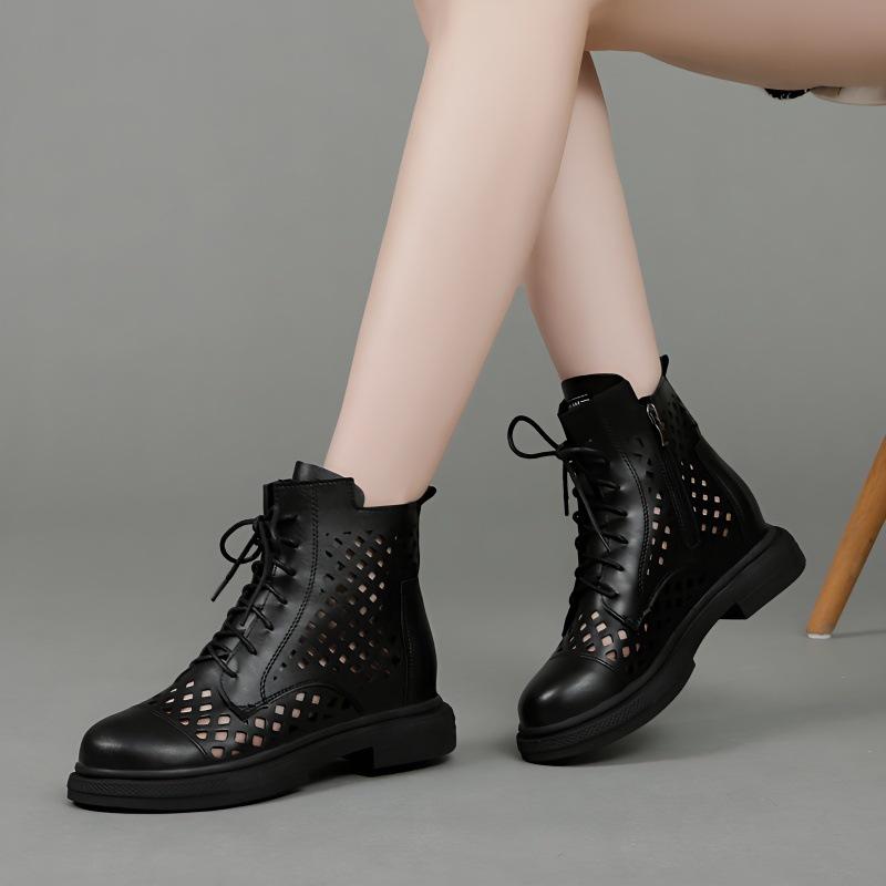 Low-heeled leather hollowed-out Martin boots women's cool boots mesh breathable hole shoes 2025 summer new sandals short boots