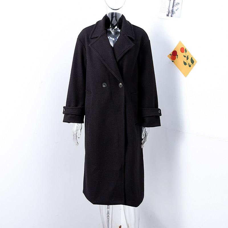 Women Fashion Wool Blend Warm Long Coat Autumn Winter Loose Pocket Double-breasted Jacket Elegant Lapel Overcoat
