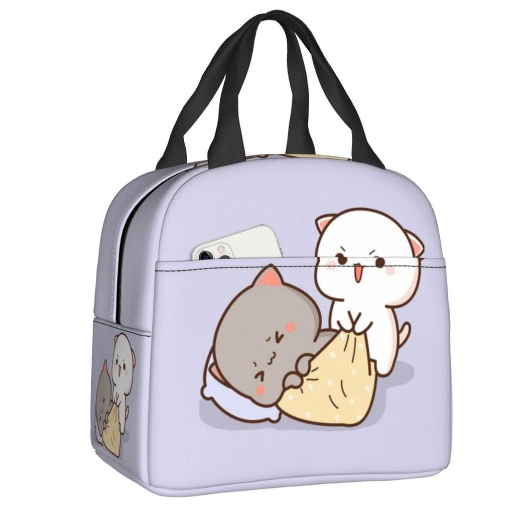 Custom Peach And Goma Mochi Cat Cuddling Thermal Insulated Lunch Bags Women Resuable Lunch Tote for School Storage Food Box