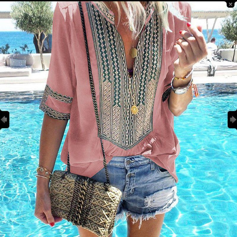 

Womens Vintage Striped V Neck Loose Shirt Tops Half Sleeve Boho Blouse Size Plus Pink,M