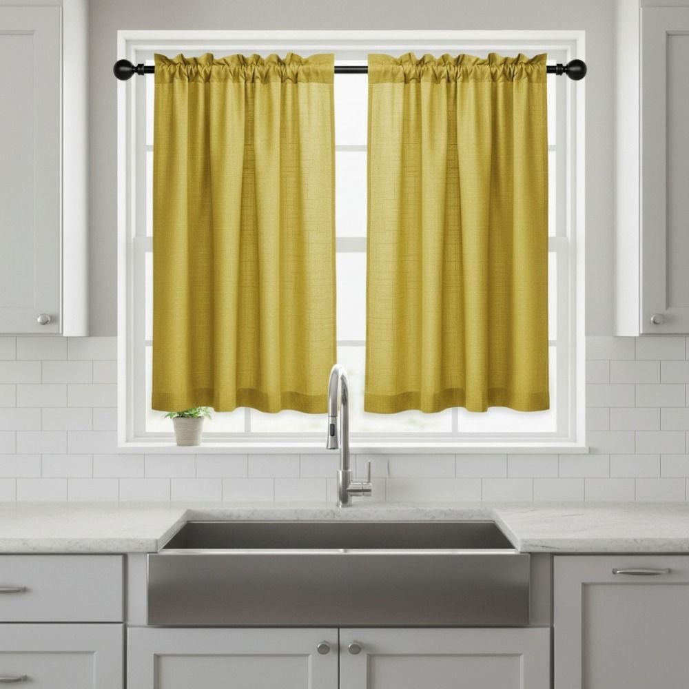 2PCS Through-shaft Type Linen Textured Kitchen Short Curtain Light Filtering Semi Transparent Gauze Tulle Kitchen Curtain