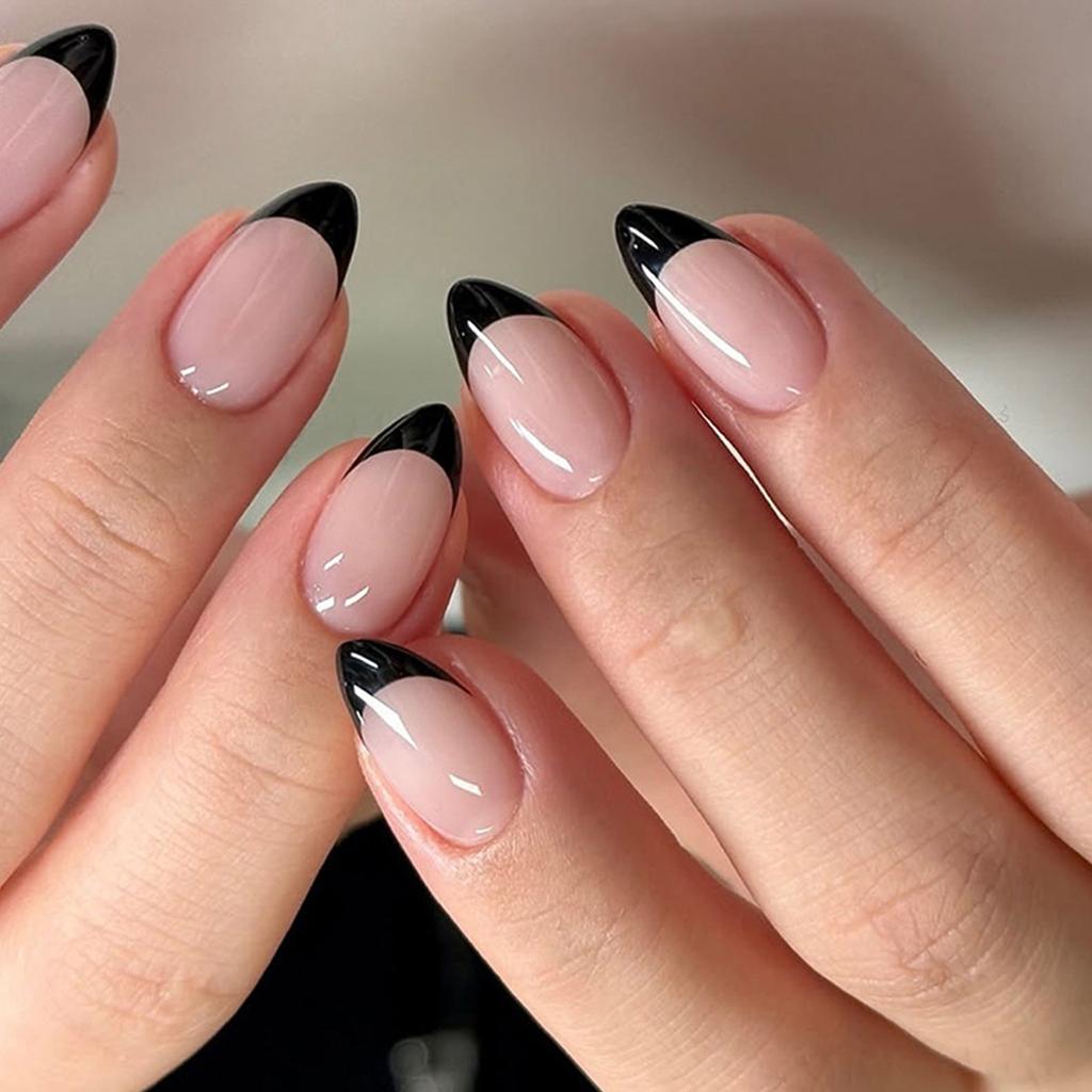 24 Pcs Black French Tip Press On Nail Short Almond False Nail Simple Acrylic Nail Simple Full Cover Stick On Nail