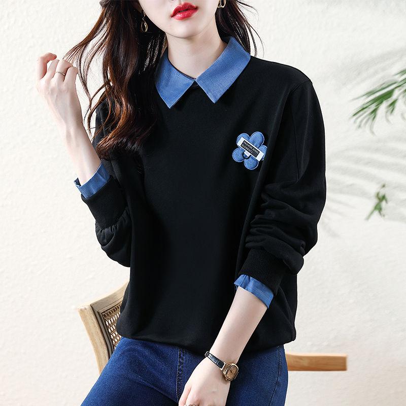 Stylish Streetwear Floral Patchwork Sweatshirts Spring Autumn Fake Two Pieces Loose Polo-Neck Female Long Sleeve Pullovers