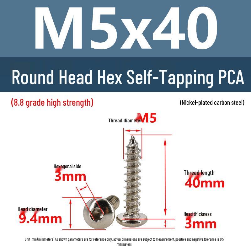 8.8 Grade Round Head Hex Socket Self-Tapping Screws M2-M4 Carbon Steel Bolts