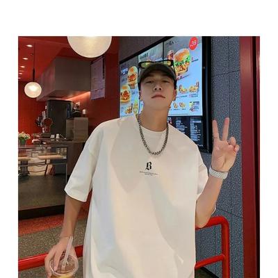 Men's Summer Heavy American Sle Short Sleeve T-shirt Loose Cotton Ins Fashion Brand Men's Half Sleeve T-shirt Simple White Top