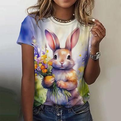 Camiseta de verano para mujer, estampado de conejo, camisetas casuales de manga corta en 3D, ropa de calle de moda, jersey de cuello redondo, ropa femenina de gran tamaño