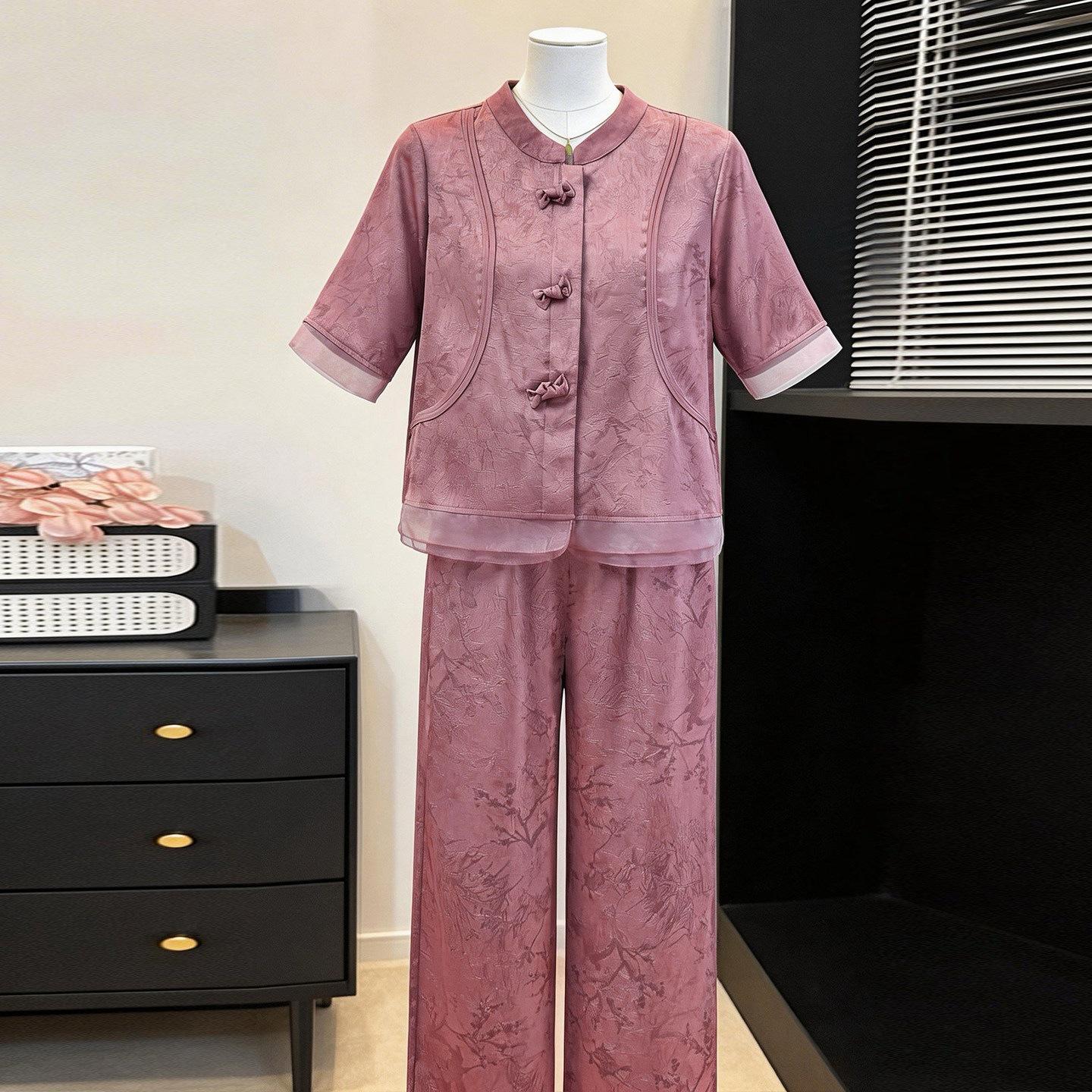 

Elegant Summer 2026 Women s Stand Collar Shirt & Wide Leg Pants Jacquard Two-Piece Set - Perfect for Mother s Day 3XL recommended 120-135 jin