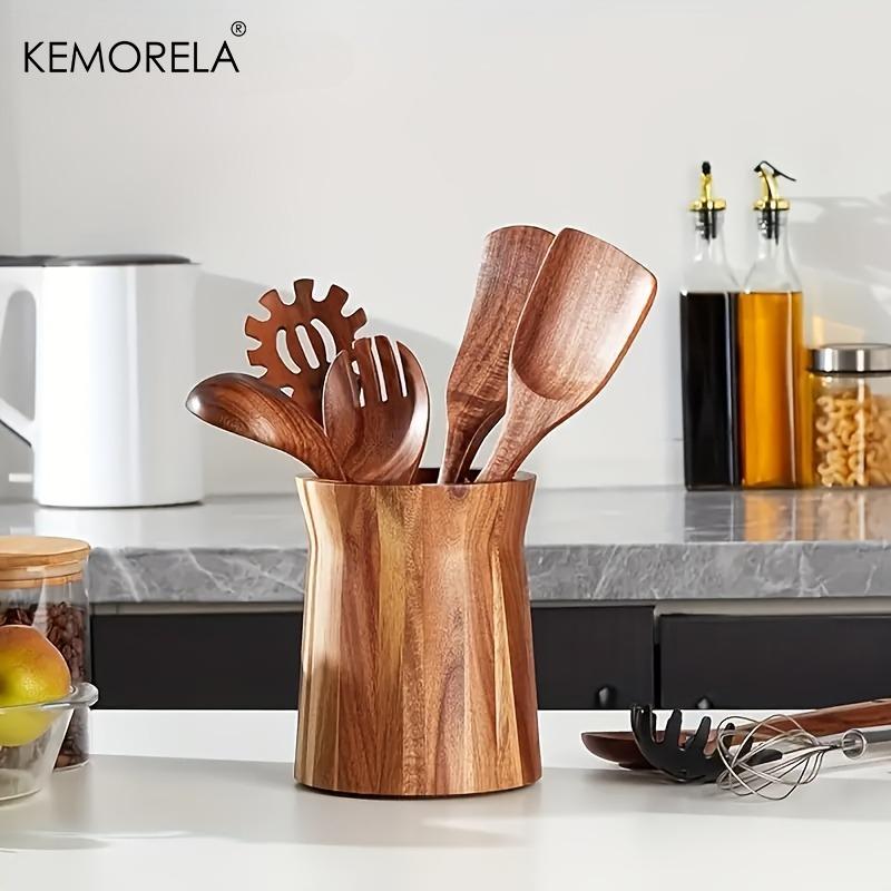 360-Degree Rotating Utensil Holder - Wooden Countertop Organizer for Spoons, Spatulas, Ladles, Space-Saving Spinning Caddy