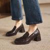 Krazing Pot Sheepskin Round Toe Thick Med Heels Spring Shoes Slip On Big Size 42 Loafers Women Platform Pumps