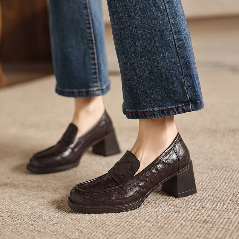 Krazing Pot Sheepskin Round Toe Thick Med Heels Spring Shoes Slip On Big Size 42 Loafers Women Platform Pumps