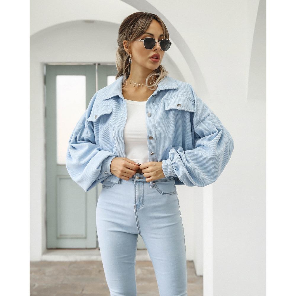 

Осенняя женская укороченная куртка с лацканами и рукавами-фонариками, однотонное однобортное пальто, верхняя одежда, винтажное вельветовое пальто S светло-синий