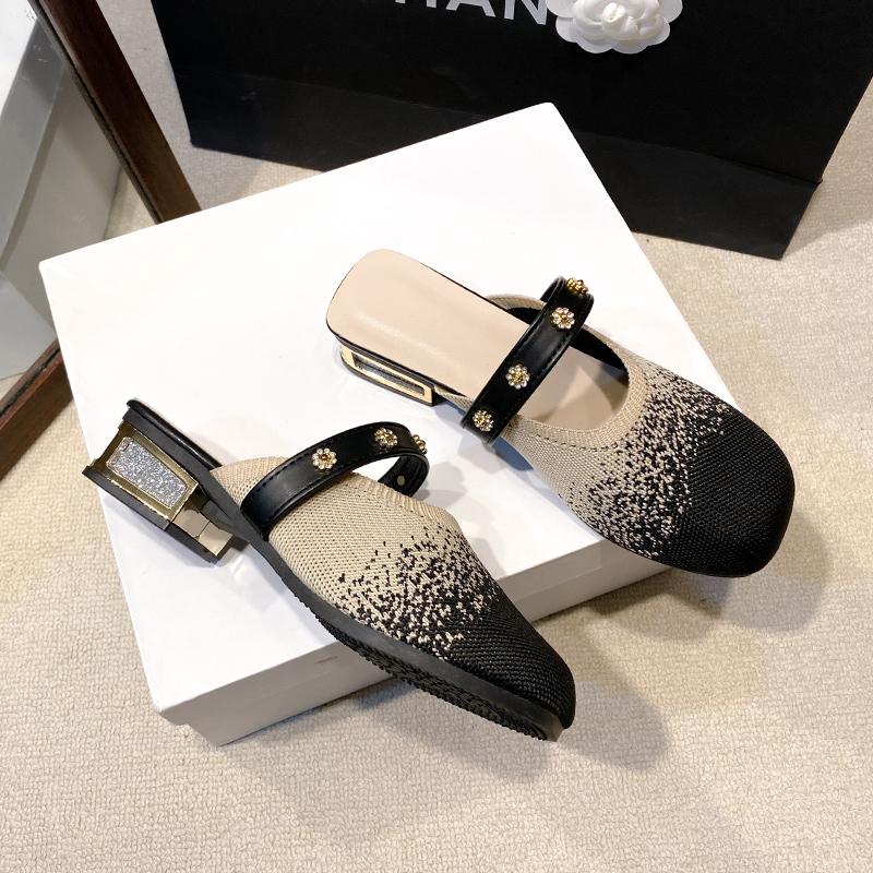 Fashion Spring New Baotou Slippers Women's Fashion Round Head Mesh Cloth Breathable Anti-slip Low Heel Slippers
