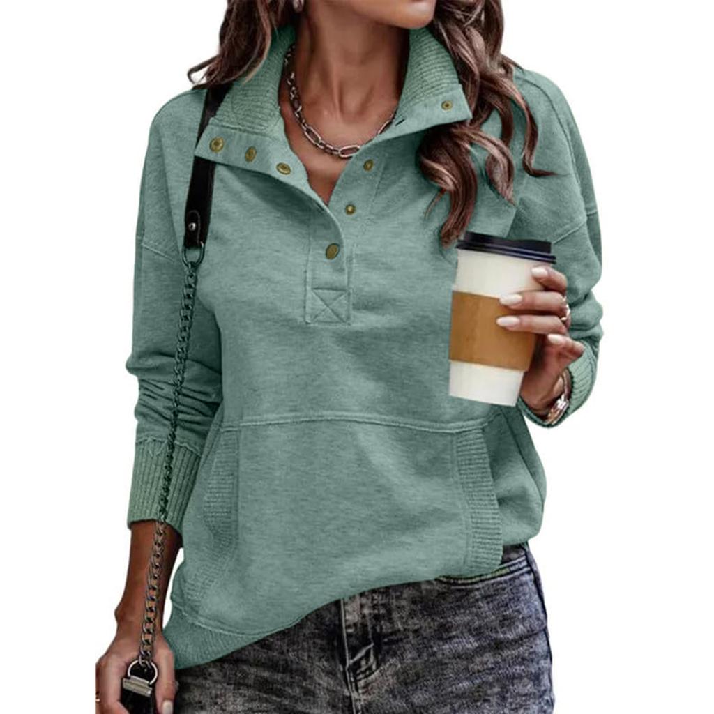 Women's Color Long Sleeve Button Front Sweatshirt with Pocket Casual Top