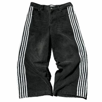 Unisex Streetwear Jeans Y2K Denim Pants Hip Hop Retro Striped Embroidered Baggy Jeans Mens Womens High Waist Wide Leg Trousers