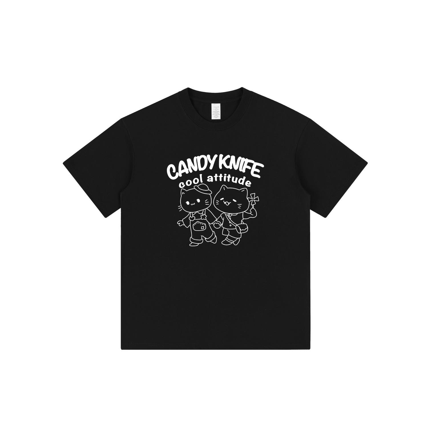 

Cat Print Short Sleeve T-Shirt - Trendy Loose Fit, Round Neck, Unisex Summer Fashion L чёрный