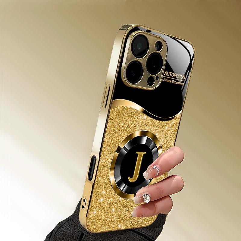 Shining Letter J Pattern Gold Metallic Paint Glass Phone Case For iPhone 17 Pro Max 16 15 14 13 12 11 17Air 15 14 Plus 16E Cover